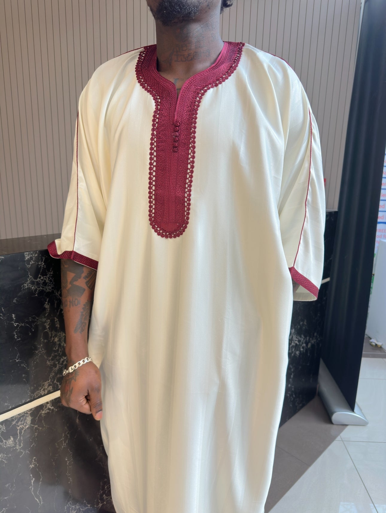 Burgundy/white Moroccan Thobe